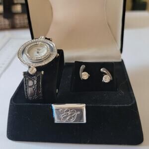 Silver Tone Crystal Watch Earrings Set Women Quartz Boxed Jewelry